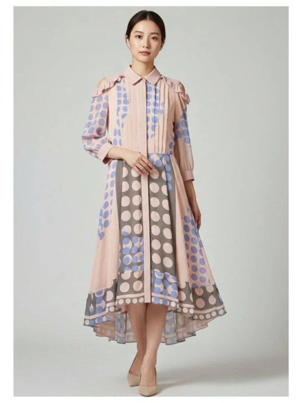 BORA AKSU Midi Step Hem Pink Multi Dots Chiffon Dress Women 4/36 RARE FIND